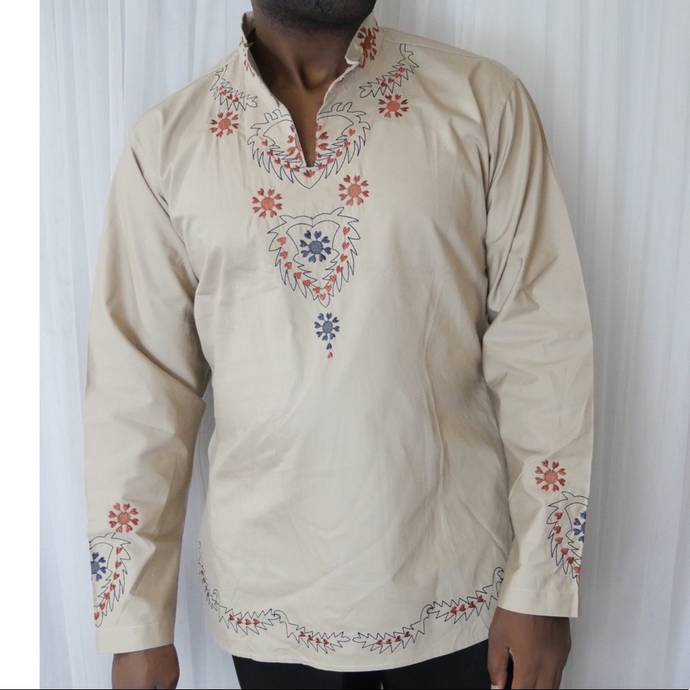 Men’s African Embroidered Dashiki - Cream/Tan
